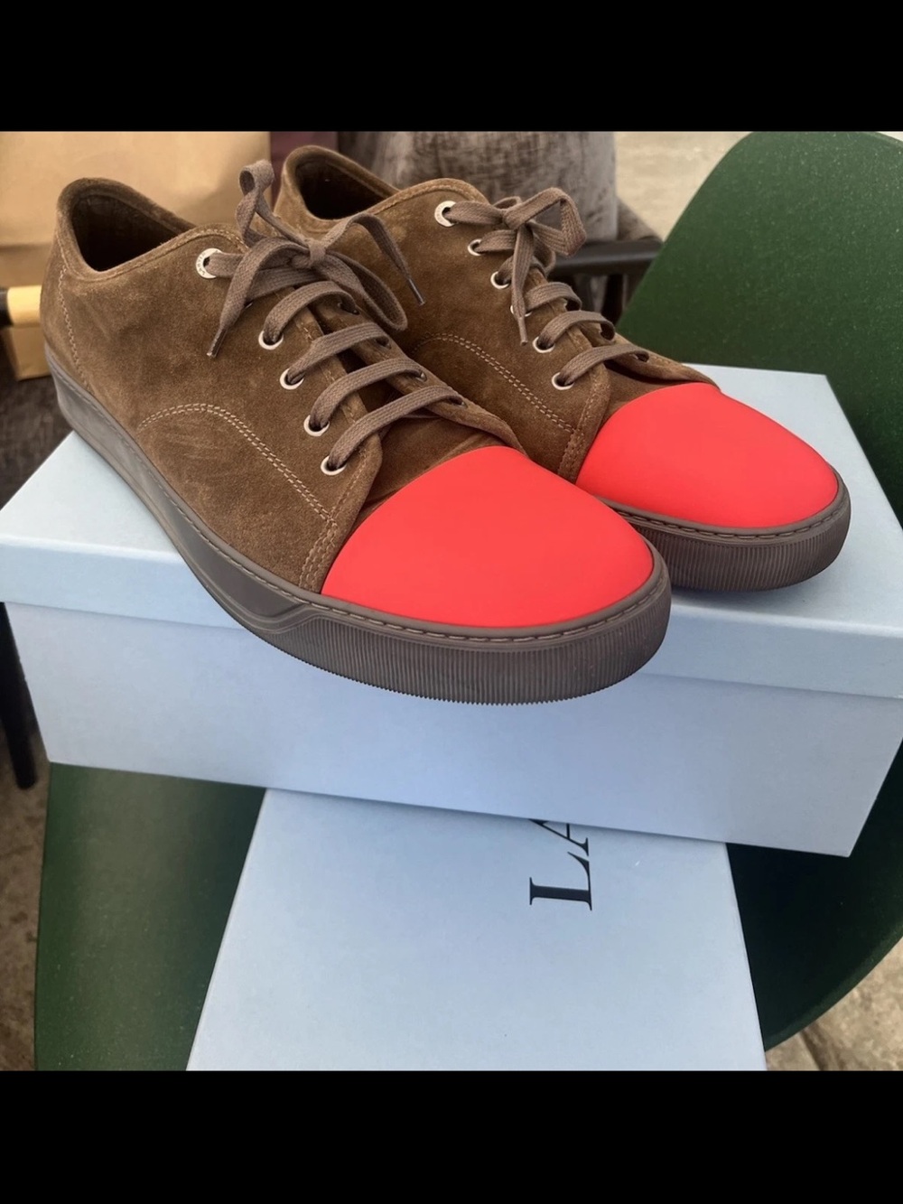 Lanvin Men's Brown Suede Sneakers with Red Toe